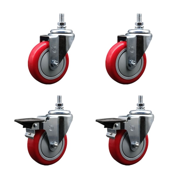 Service Caster 4 Inch Red Polyurethane 10 MM Threaded Stem Caster Set 2 Brakes SCC SCC-TS20S414-PPUB-RED-M1015-2-PLB-2 - main